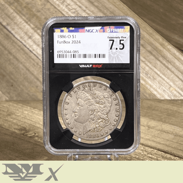 Online coin dealer NGCX 1886 O Morgan Silver Dollar 7.5 The Vaultbox FunBox obverse