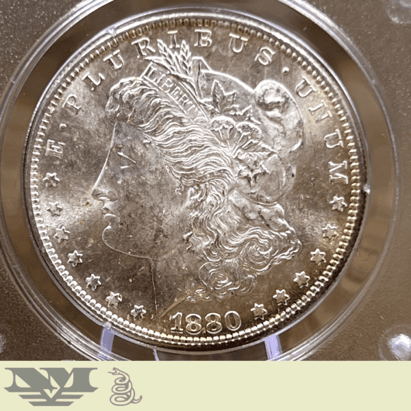 1880 S Morgan Dollar silver coin PCGS Rattler MS63 obverse