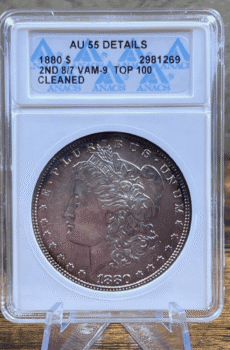 1880 Morgan Dollar Silver Coin AU 55 ANACS Soapbox VAM-9 1269 Obverse