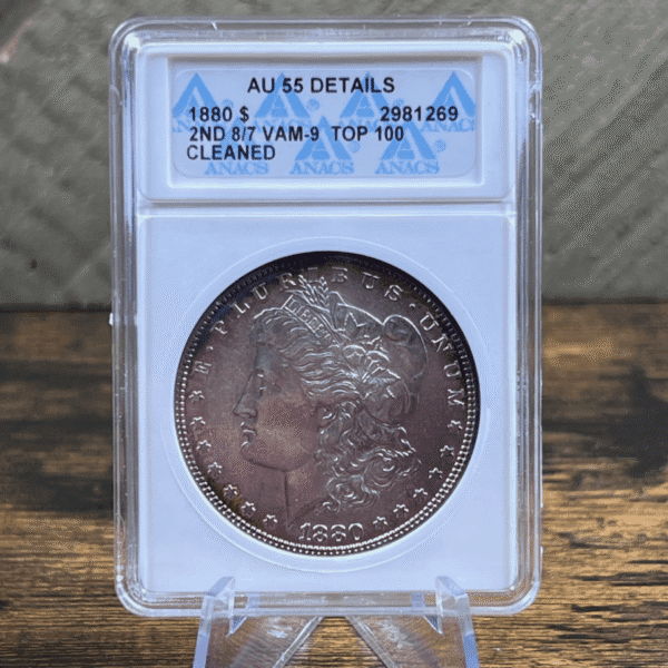 1880 Morgan Dollar Silver Coin AU 55 ANACS Soapbox VAM-9 1269 Obverse