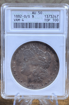 1882 O/S Morgan Dollar Silver Coin AU 50 ANACS Soapbox VAM-4 3247 Obverse