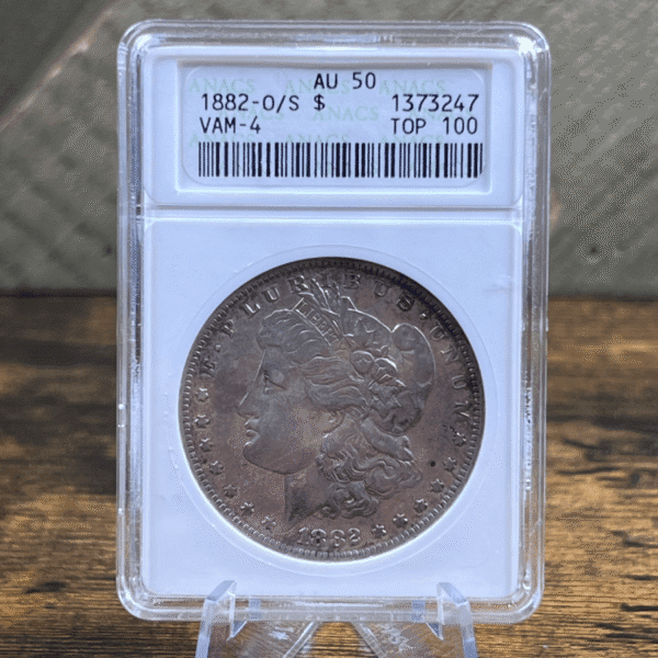1882 O/S Morgan Dollar Silver Coin AU 50 ANACS Soapbox VAM-4 3247 Obverse