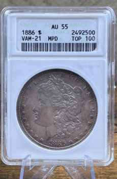 1886 Morgan Dollar Silver Coin AU 55 ANACS Soapbox VAM-21 2500 Obverse