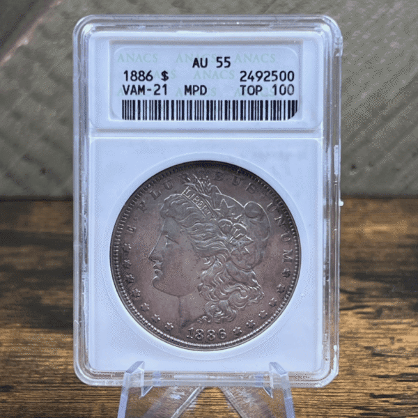 1886 Morgan Dollar Silver Coin AU 55 ANACS Soapbox VAM-21 2500 Obverse