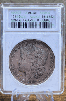 1891 Morgan Dollar Silver Coin AU 50 ANACS Soapbox VAM-2 8153 Obverse