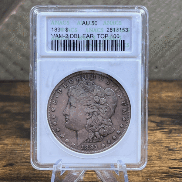 1891 Morgan Dollar Silver Coin AU 50 ANACS Soapbox VAM-2 8153 Obverse