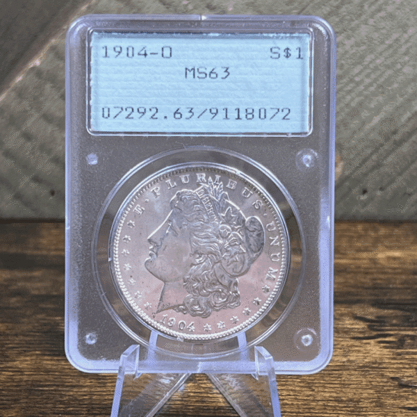 1904 O Morgan Dollar Silver Coin MS 63 PCGS Rattler Obverse
